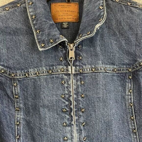 LUCKY BRAND Star Embellished Grommet barn denim Jacket. Size Small - NEW - $160 - Picture 2 of 4
